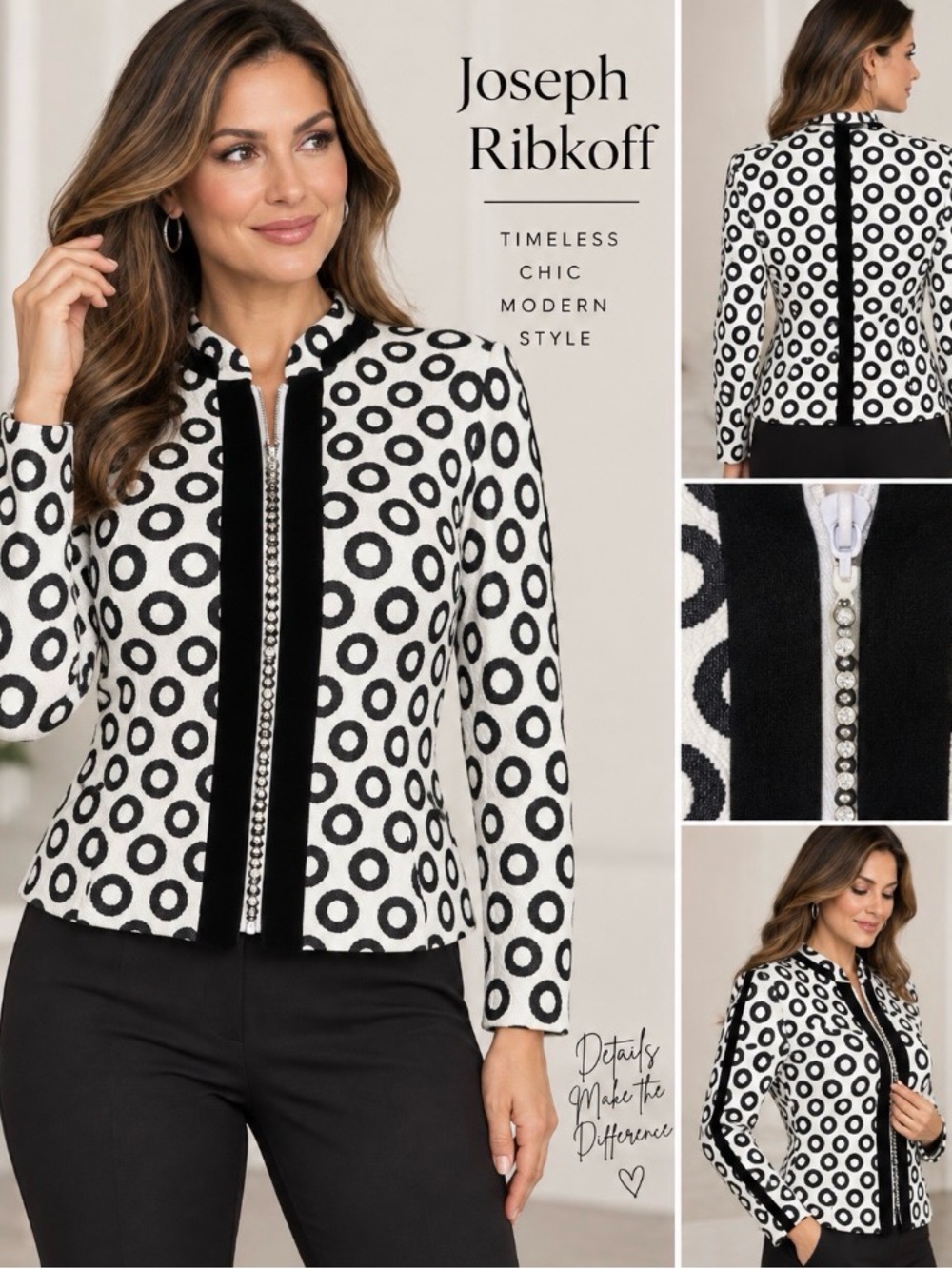 Vintage Ribkoff Polka Circle Zip-Front Jacket in White and Black